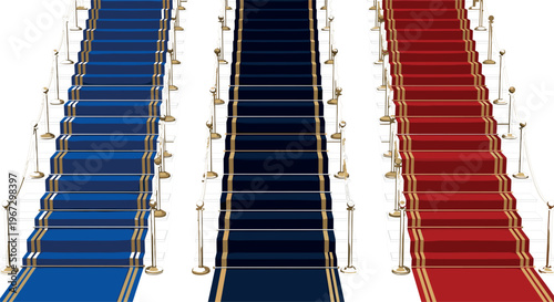 Collection of Red, Blue, and Black Carpet Stairs with Golden Stanchions for VIP Events, Award Ceremonies, and Red Carpet Occasions