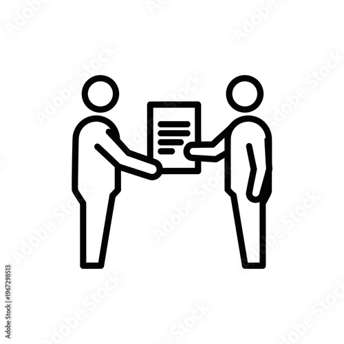 Two people exchanging a document representing agreement and collaboration.