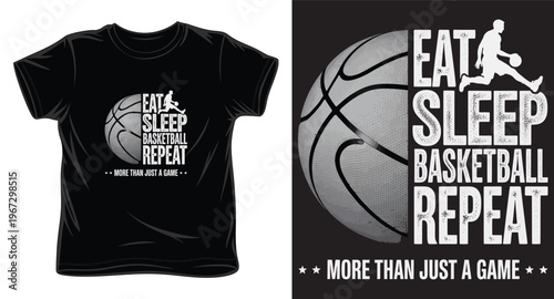 Eat sleep basketball repeat typographic shirt layout featuring player action figure and detailed basketball illustration