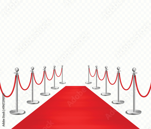 Red carpet walkway with silver barriers isolated on transparent background. Realistic vector illustration