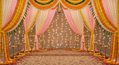 Indian Wedding Stage Decoration with Marigold Flowers