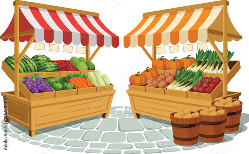 Farmers market stalls with fresh vegetables and fruits illustration, organic food, local produce, grocery stand, healthy lifestyle, outdoor market, flat vector design