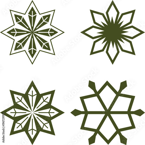 Four abstract geometric star patterns in olive green with white background
