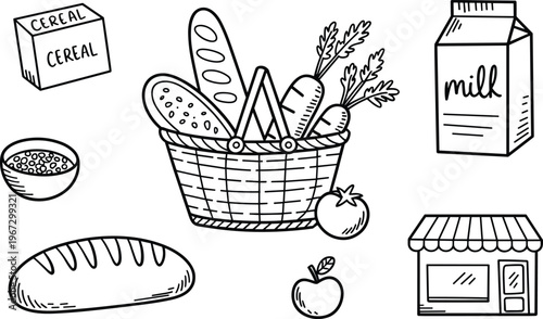 Grocery basket with bread, milk, cereal, fruits and vegetables illustration, supermarket food collection, healthy eating concept, hand drawn line art vector black white design