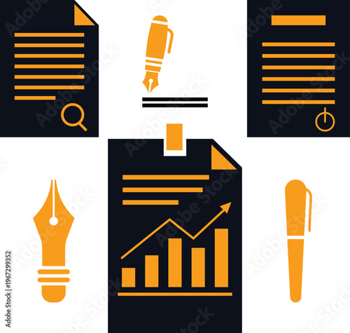 Business documents and pens icons with fountain pen with business icon