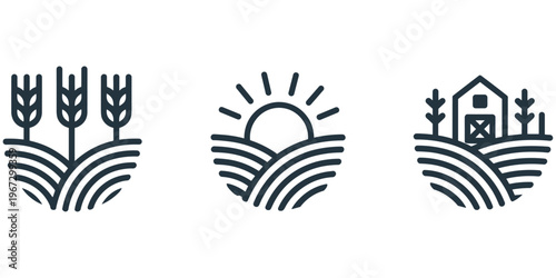 Agricultural icons showing wheat stalks, farmland sunrise, barn with trees, rural landscape, farming concept, minimalist design style, flat vector illustration
