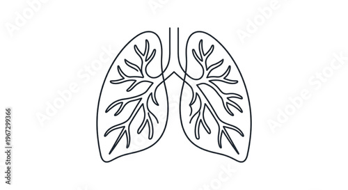 Minimalist continuous line drawing of human lungs with bronchial tree branches for respiratory health.