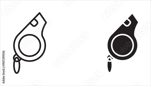 Whistle icon set. Soccer referee whistle vector icon. Coach blowing whistle symbol. Vector illustration. Transparent, white background.
