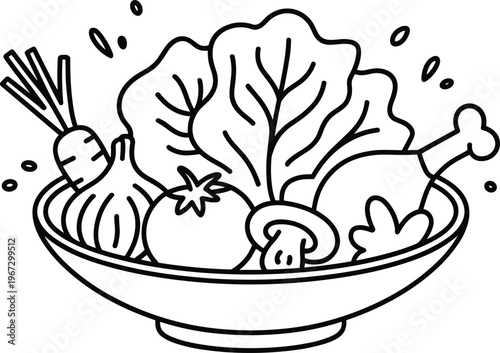 Healthy salad bowl illustration with vegetables and chicken, fresh organic food concept, nutritious meal design, line art vector black white hand drawn style