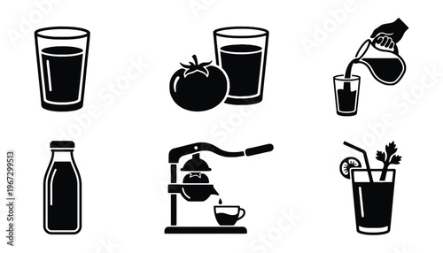 A set of black silhouette beverage icons with various drinks and glasses
