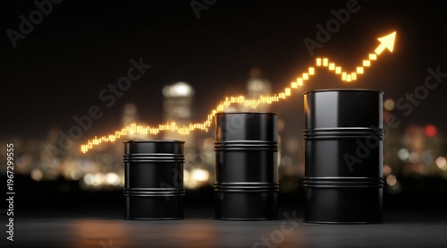 3 oil barrels and stock market graph going upwards.