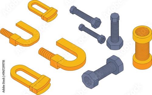 Industrial fasteners illustration with bolts, nuts and hooks, mechanical hardware components concept, isometric vector design showing metal parts for construction and engineering use