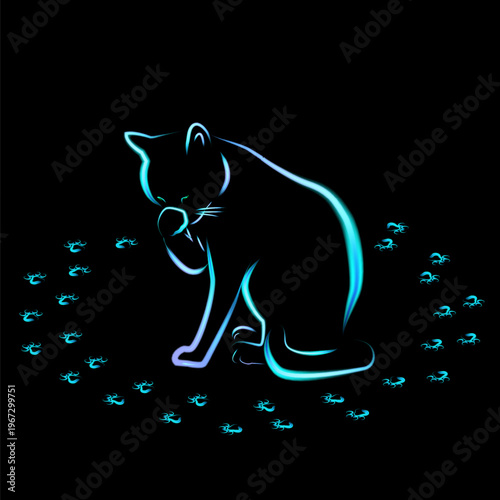 A vector futuristic cat that washes, with footprints around it. Designed for your creativity, for graphic design.