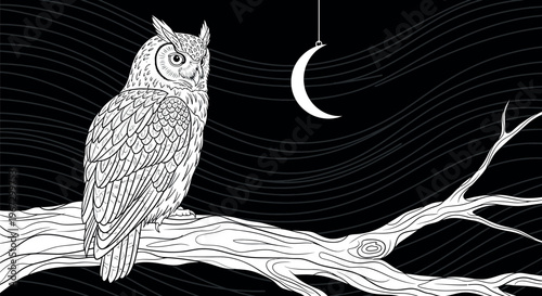 A detailed great horned owl perches gracefully on a gnarled, twisted branch under a dark, serene night sky, with a delicate crescent moon illuminating this mysterious, enchanting illustration.