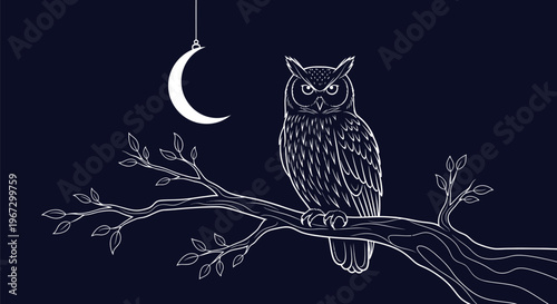 A beautiful stylized white line art illustration depicts an owl perched on a tree branch at night, illuminated by a crescent moon, creating a mysterious and enchanting nocturnal scene.