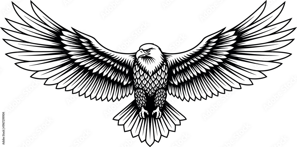 Fototapeta premium Majestic bald eagle illustration with powerful spread wings, showcasing strength, freedom, and national pride in a stylized black and white vector design against a clean background.