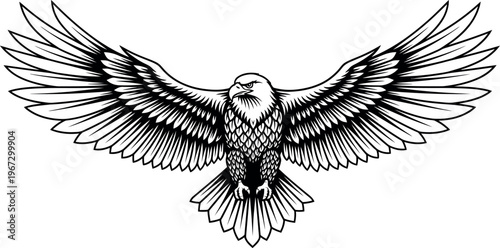 Majestic bald eagle illustration with powerful spread wings, showcasing strength, freedom, and national pride in a stylized black and white vector design against a clean background.