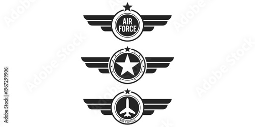 Air Force insignia collection with wings, stars, airplane symbol, circular emblems, military aviation strength, national service design, flat vector illustration