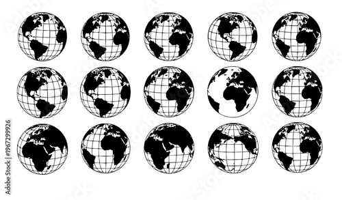 World globe silhouettes with continents and grid projections multiple views earth vector isolated on white