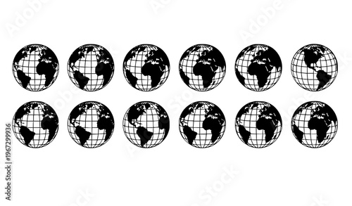 Black and white globe set world map spheres with continents and grid lines hemisphere views vector isolated on white background