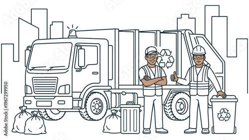 Garbage truck and sanitation workers in city environment.