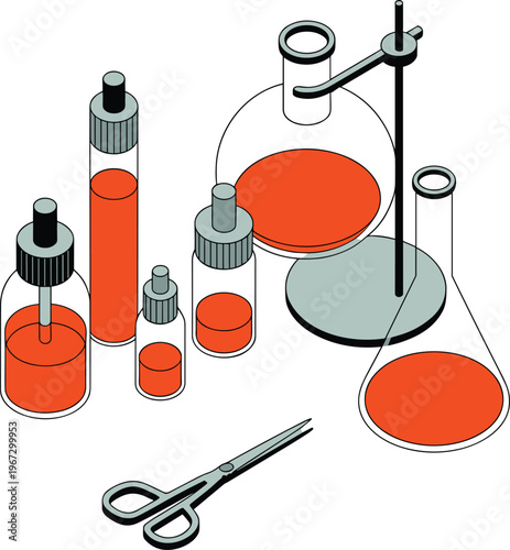 Laboratory glassware illustration with flasks and test tubes, scientific experiment concept, chemistry research equipment, isometric vector design for medical and science lab use