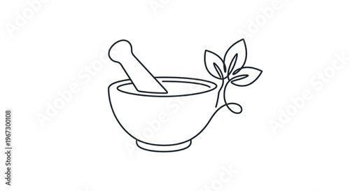 Minimalist continuous line drawing of a mortar and pestle with herbal leaves for natural medicine and wellness.