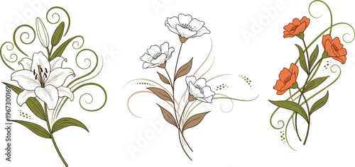 Floral Illustration Set Featuring Elegant Lilies, White Flowers, and Orange Blooms with Decorative Swirls, Ideal for Botanical, Wedding, and Nature Designs