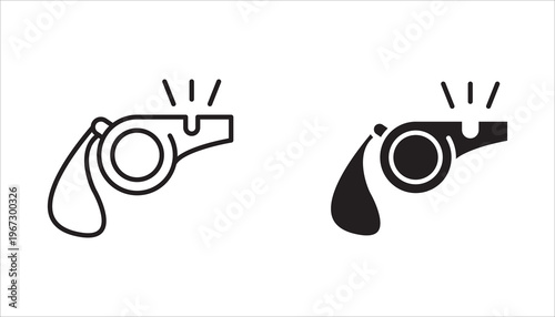 Whistle icon set. Soccer referee whistle vector icon. Coach blowing whistle symbol. Vector illustration. Transparent, white background.