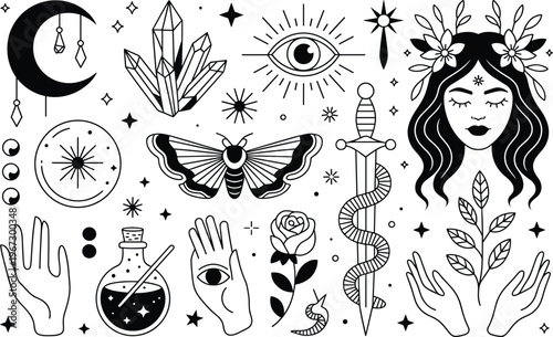 Mystical magic symbols set illustration, witchcraft elements, moon crystals eye dagger hands and potion, occult boho design, black and white vector collection
