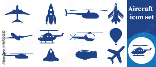 A collection of simple dark blue silhouettes depicting various types of aircraft including planes rockets and helicopters high quality professional detailed modern elegant