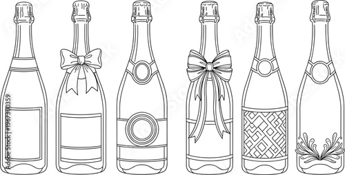 Champagne Bottle Set with Decorative Ribbons and Labels in Line Art Style, Ideal for Celebration, Party, and Beverage Designs