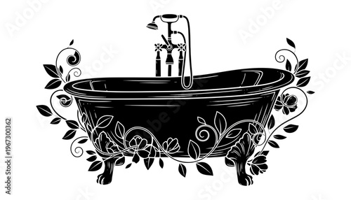 A black clawfoot bathtub with a floral design and faucet
