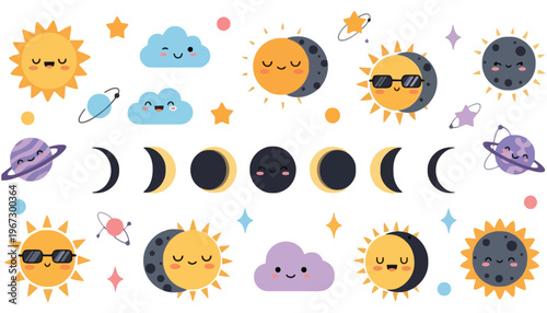 Sun cartoon characters with moon and clouds in space illustration