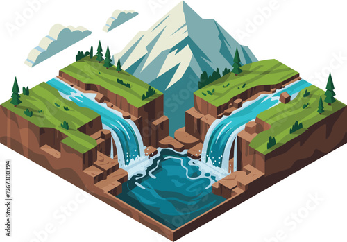 Mountain landscape illustration with waterfalls and river canyon, natural scenery concept, isometric vector design showing cliffs, forest and outdoor environment for travel and nature themes