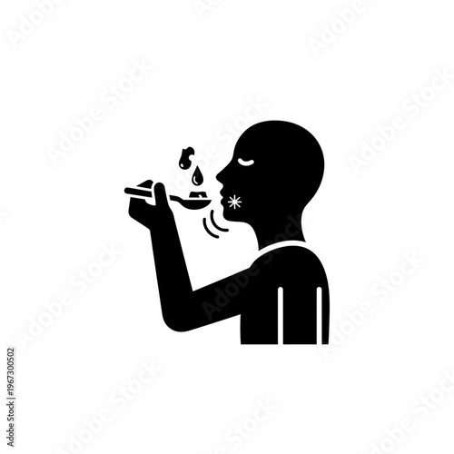 Person taking medicine with a spoon showing health and wellness.