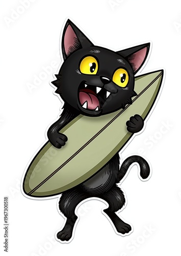 Excited black cartoon cat holding surfboard with wide eyes and open mouth