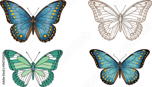 Colorful Butterfly Set with Detailed Blue, Green, and Brown Wings, Featuring Both Solid and Line Art Designs for Nature, Wildlife, and Spring Themes