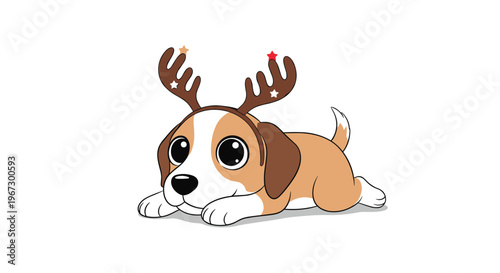 Cute beagle puppy lies on the floor wearing a brown reindeer antler headband accented with small red and white decorative stars.