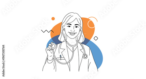 Friendly female doctor wearing a white lab coat and a stethoscope smiles confidently as she holds the chest piece towards the viewer.