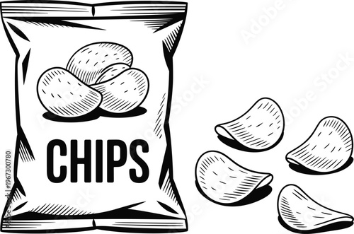 Potato chips snack illustration, crispy junk food package and slices, fast food concept, unhealthy snack, packaging design, monochrome hand drawn vector style