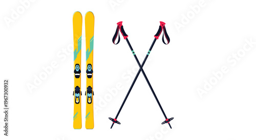 Essential winter sports equipment featuring a pair of yellow skis and two black ski poles crossed against a clean white background.