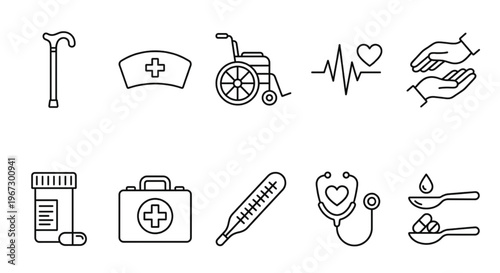 Elderly care and nursing line icon set featuring wheelchair, walking cane, medical kit, and heartbeat monitor.