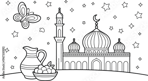 Ramadan kareem illustration with mosque, crescent moon, stars and lantern style elements, Islamic night scene, traditional culture line art vector black white design