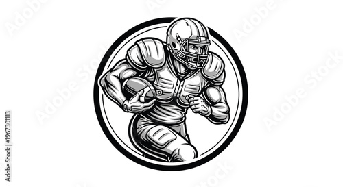 Dynamic black and white illustration of an American football player running with the ball in a circular frame showing action and power.