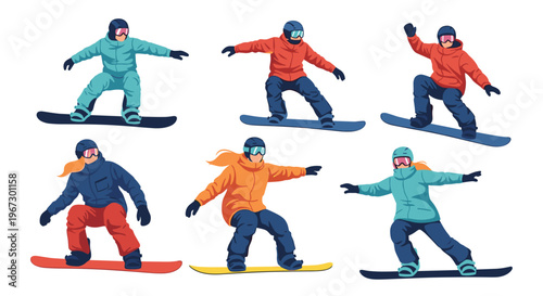 Large set of six snowboarders wearing winter gear and helmets performing various tricks and movements on their boards in the snow.