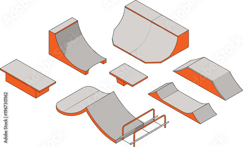 Skate park ramps set illustration, half pipe, quarter pipe, grind rails and platforms, extreme sport elements, skateboard park equipment, flat vector design collection