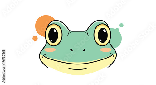 Cute and friendly green frog face with big round black eyes and a gentle smile against a colorful dotted background in a cartoon style.