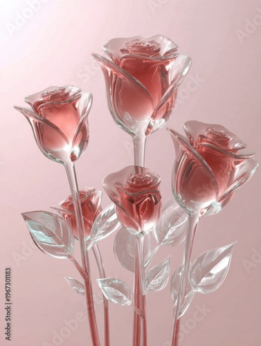 A bunch of transparent glass roses with soft pink color.