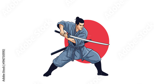 Japanese samurai warrior stands in a powerful combat stance holding his sharp katana sword in front of a large red rising sun.